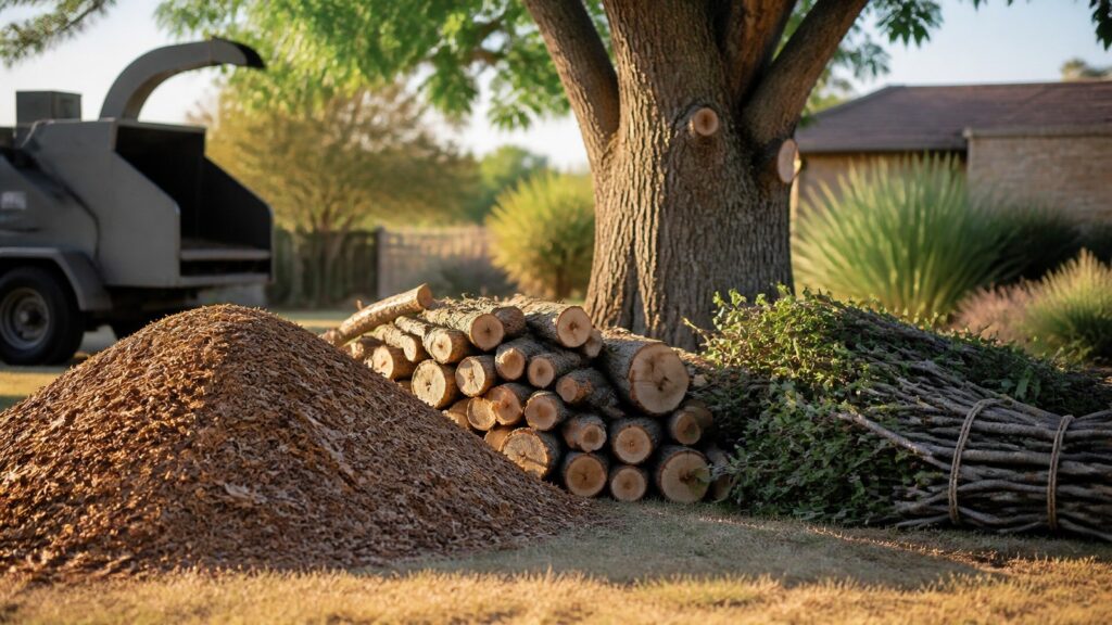 AI-generated illustration of separated wood chips, logs, and branches after Abilene tree work
