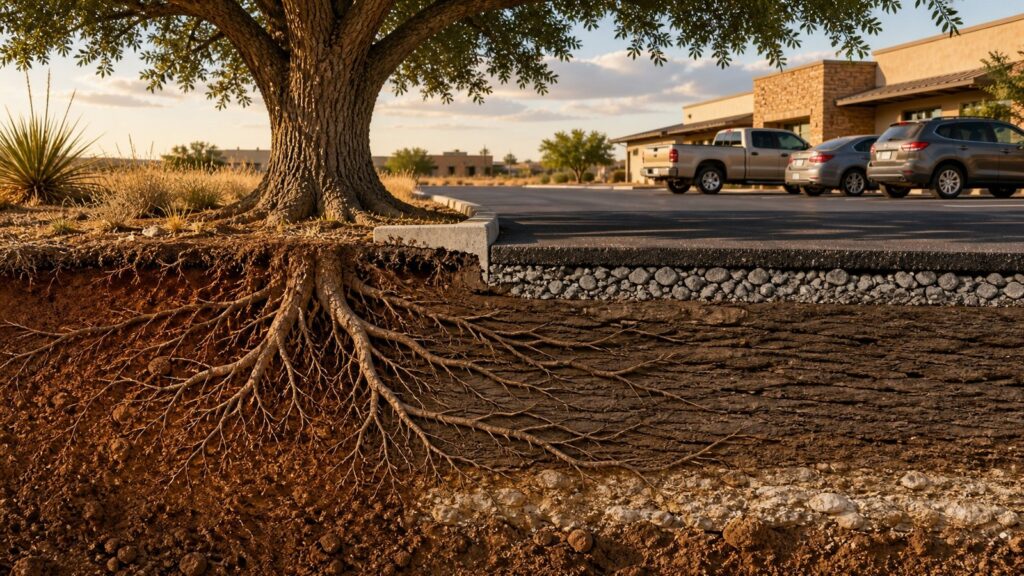 AI-generated cutaway illustration of compacted soil and roots beside an Abilene driveway and parking area