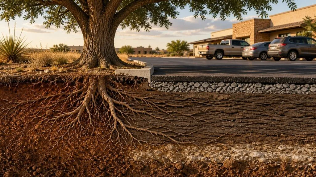 AI-generated cutaway illustration of compacted soil and roots beside an Abilene driveway and parking area