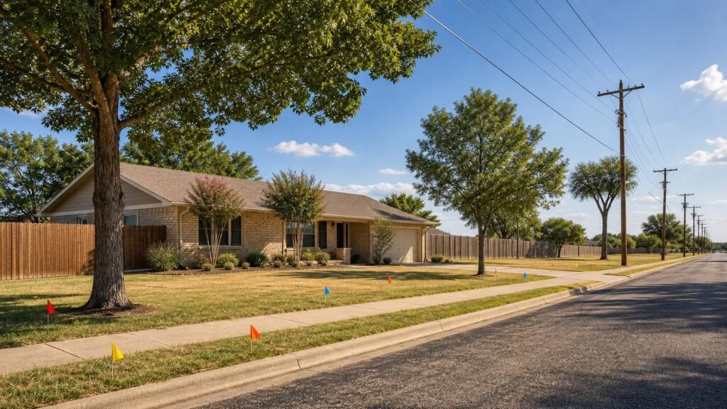 AI-generated Abilene streetscape showing tree spacing around a home, fence, and utilities